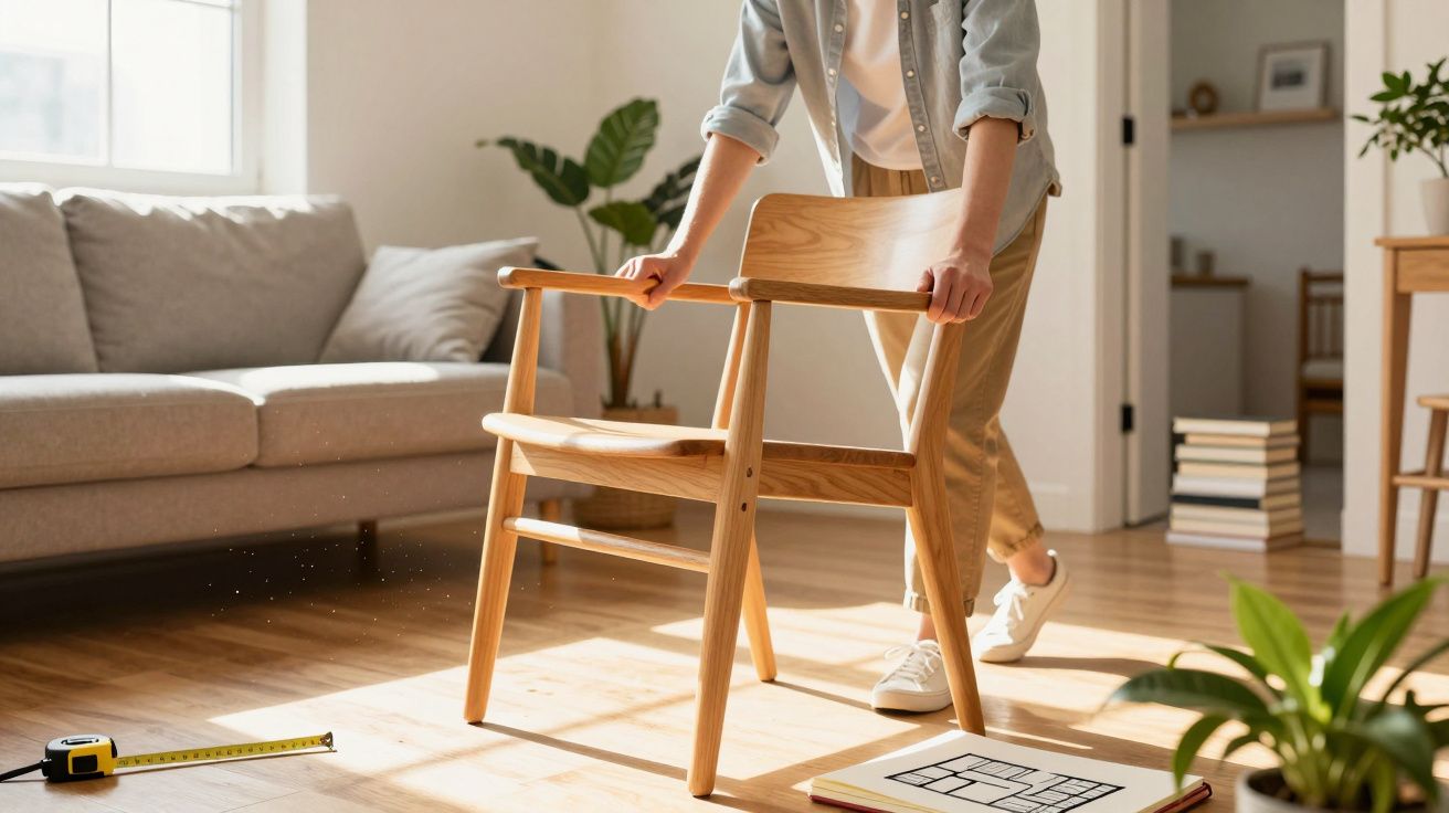 Pessoa movendo uma cadeira de madeira em sala iluminada, com sofá, plantas e fita métrica no chão de madeira clara.