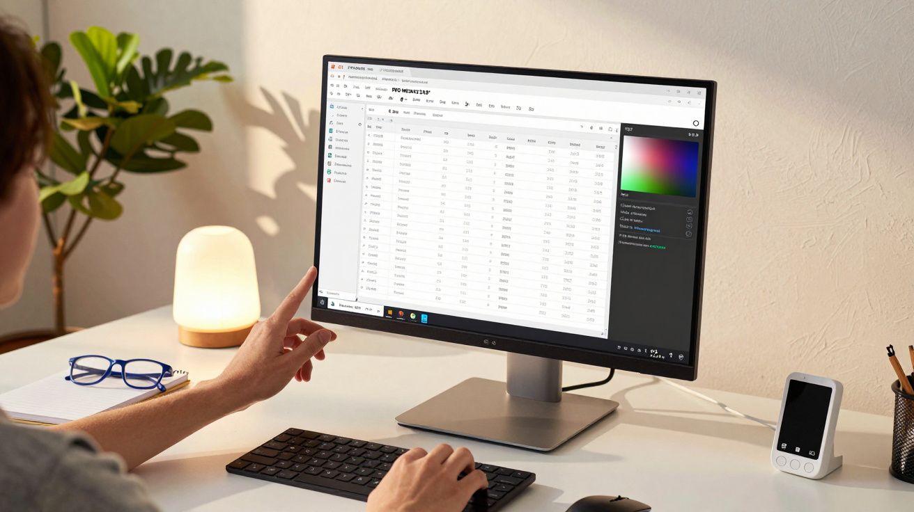 Pessoa usando computador em mesa com lâmpada, óculos e smartphone; planilha aberta na tela.