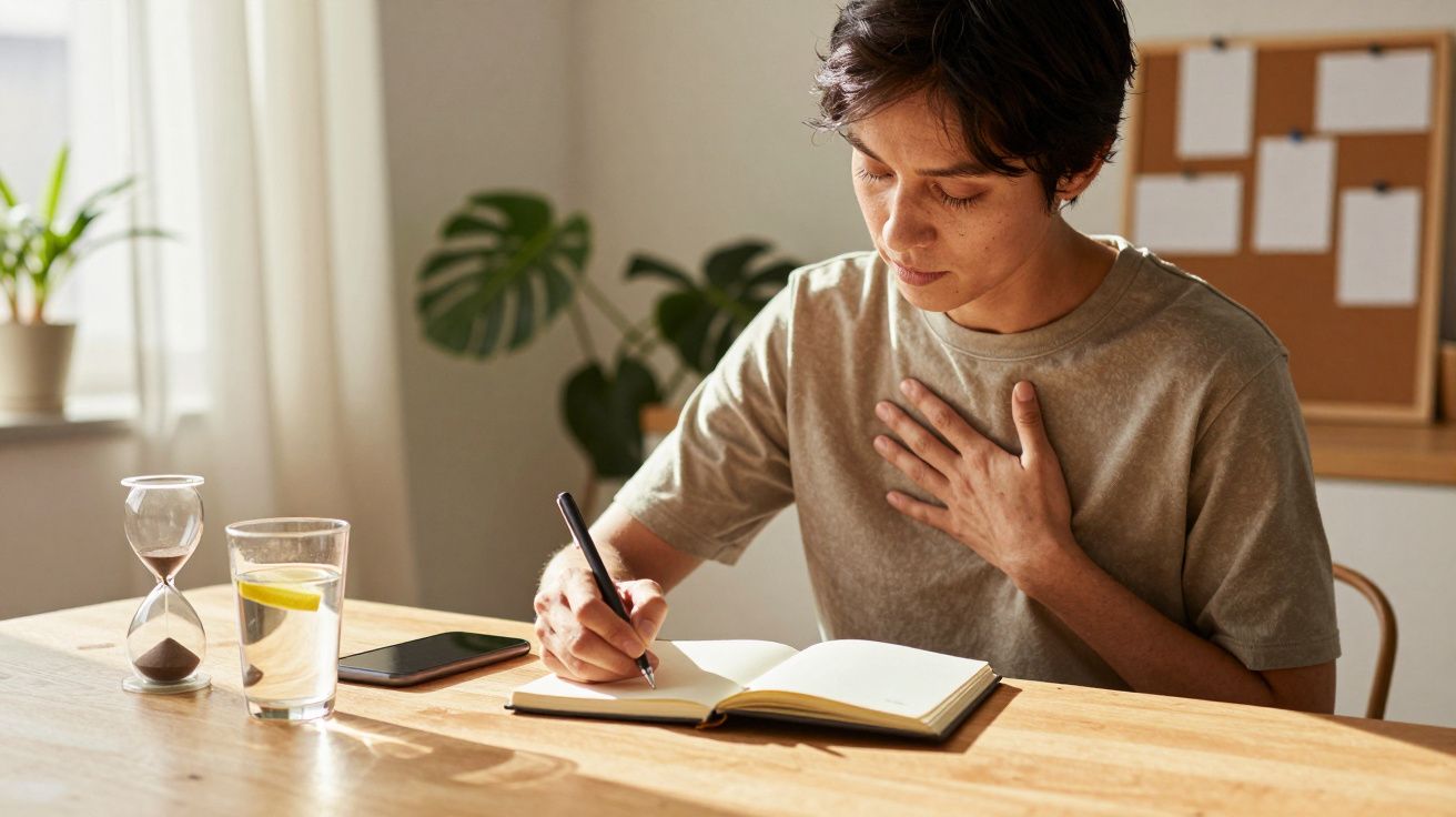 Pessoa escreve em caderno em mesa de madeira, segurando a mão no peito. Ao lado, copo com água, celular e ampulheta.