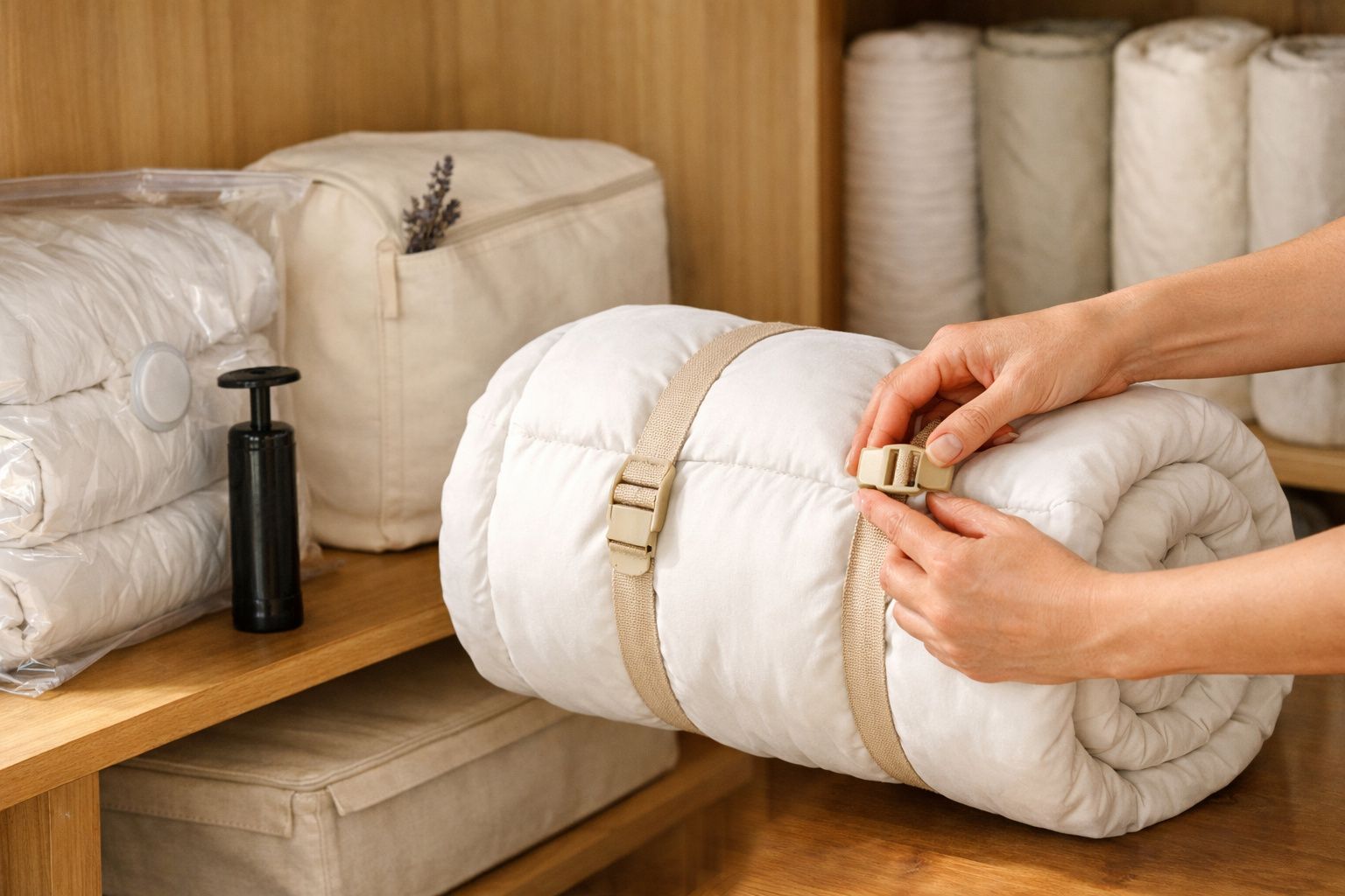 Pessoa ajustando cinto em edredom enrolado, prateleira com outros itens de cama ao fundo.