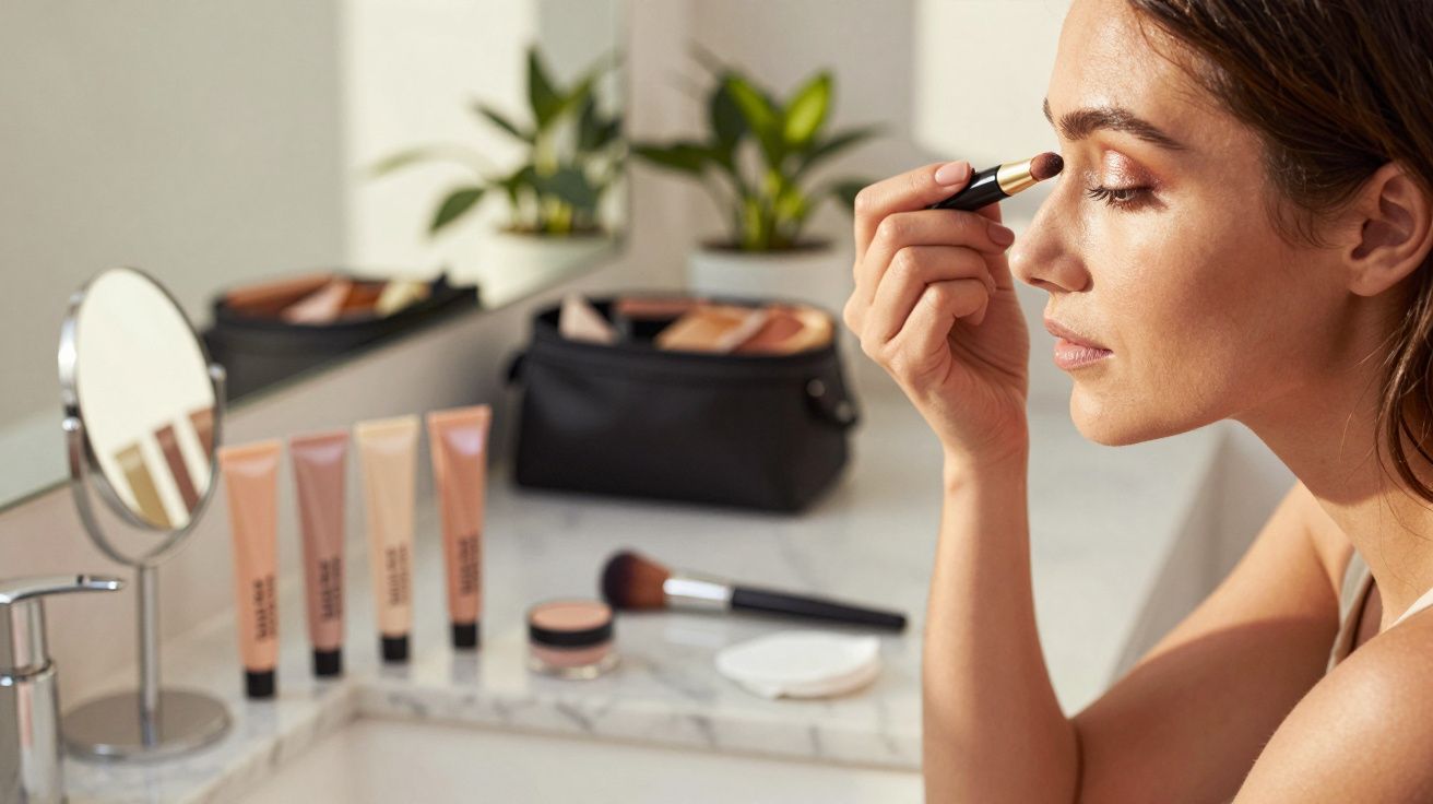 Mulher aplica maquiagem nos olhos em frente ao espelho, com produtos de beleza sobre a bancada.