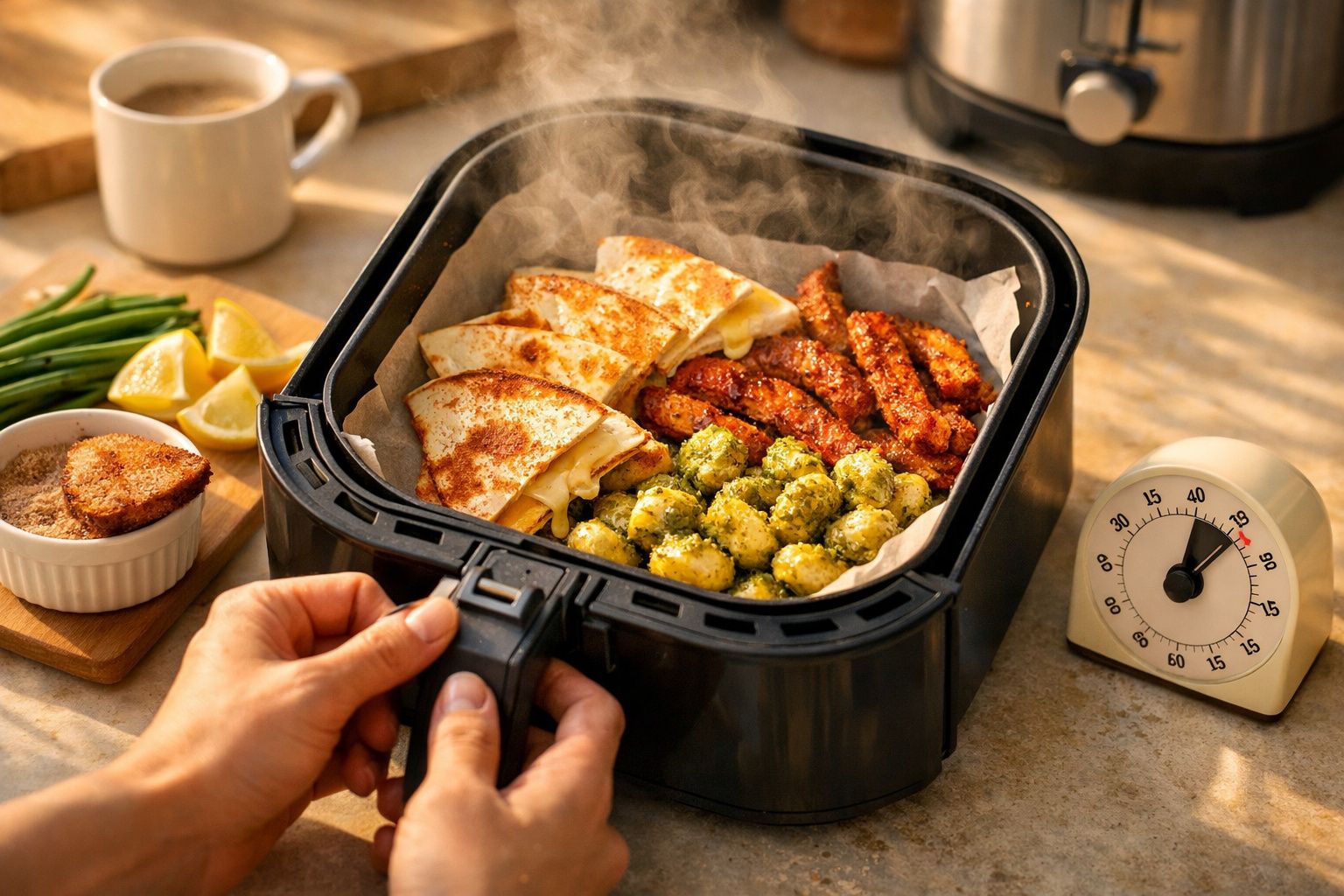 Pessoas segurando fritadeira com frango temperado e vagem ao lado de ingredientes e comida na mesa.