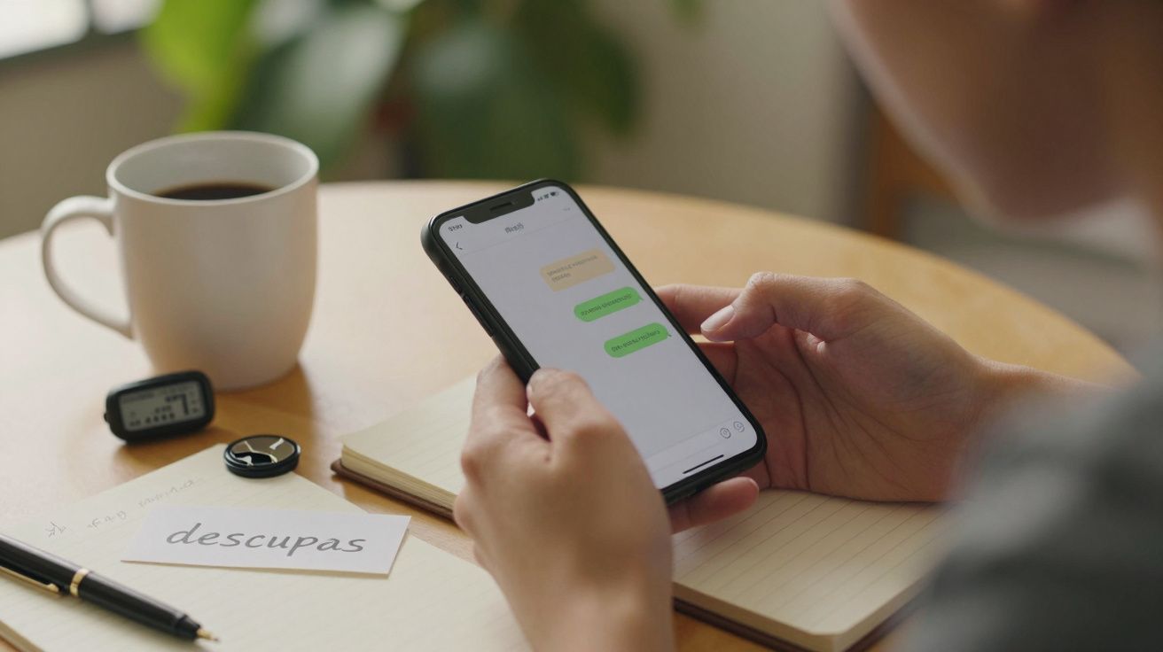 Pessoa segurando celular com mensagens de texto. Na mesa, café, papel com "desculpas" e itens pessoais.