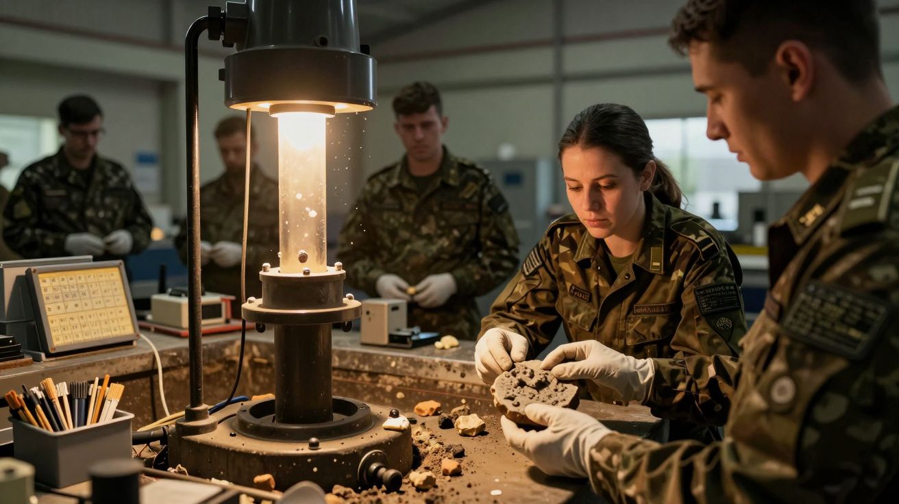 Soldados em uniformes camuflados analisam rochas em um laboratório, usando luvas brancas e equipamentos científicos.