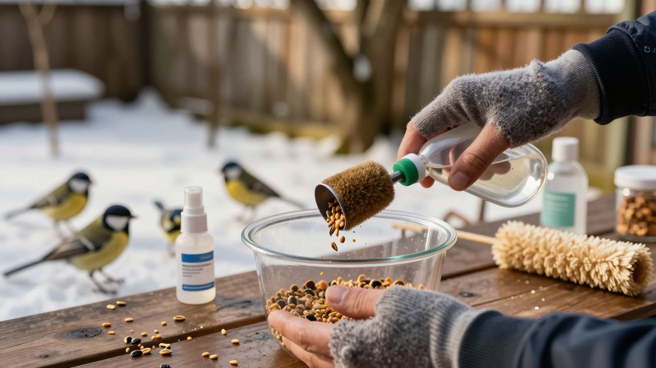 Pessoa com luvas despeja sementes em uma tigela ao ar livre. Pássaros observam na neve ao fundo.