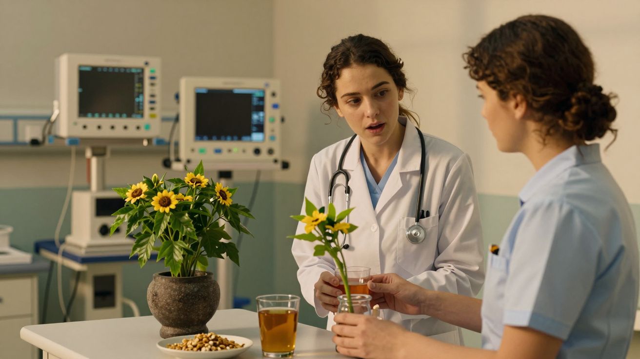 Duas médicas conversam em uma sala de hospital, com flores e bebidas sobre a mesa. Equipamentos médicos ao fundo.