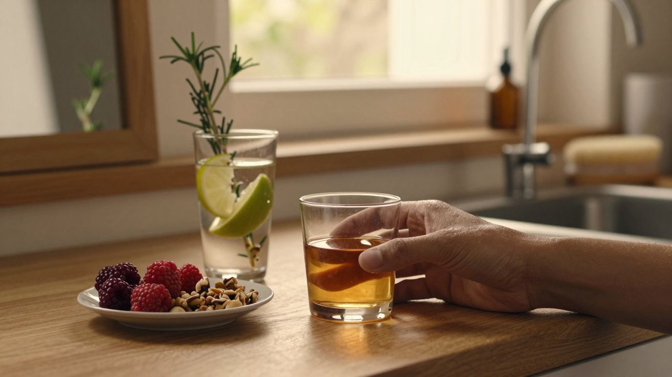 Mão segurando copo de bebida dourada em bancada de madeira, ao lado de prato com frutas vermelhas e bebida com limão e alecri
