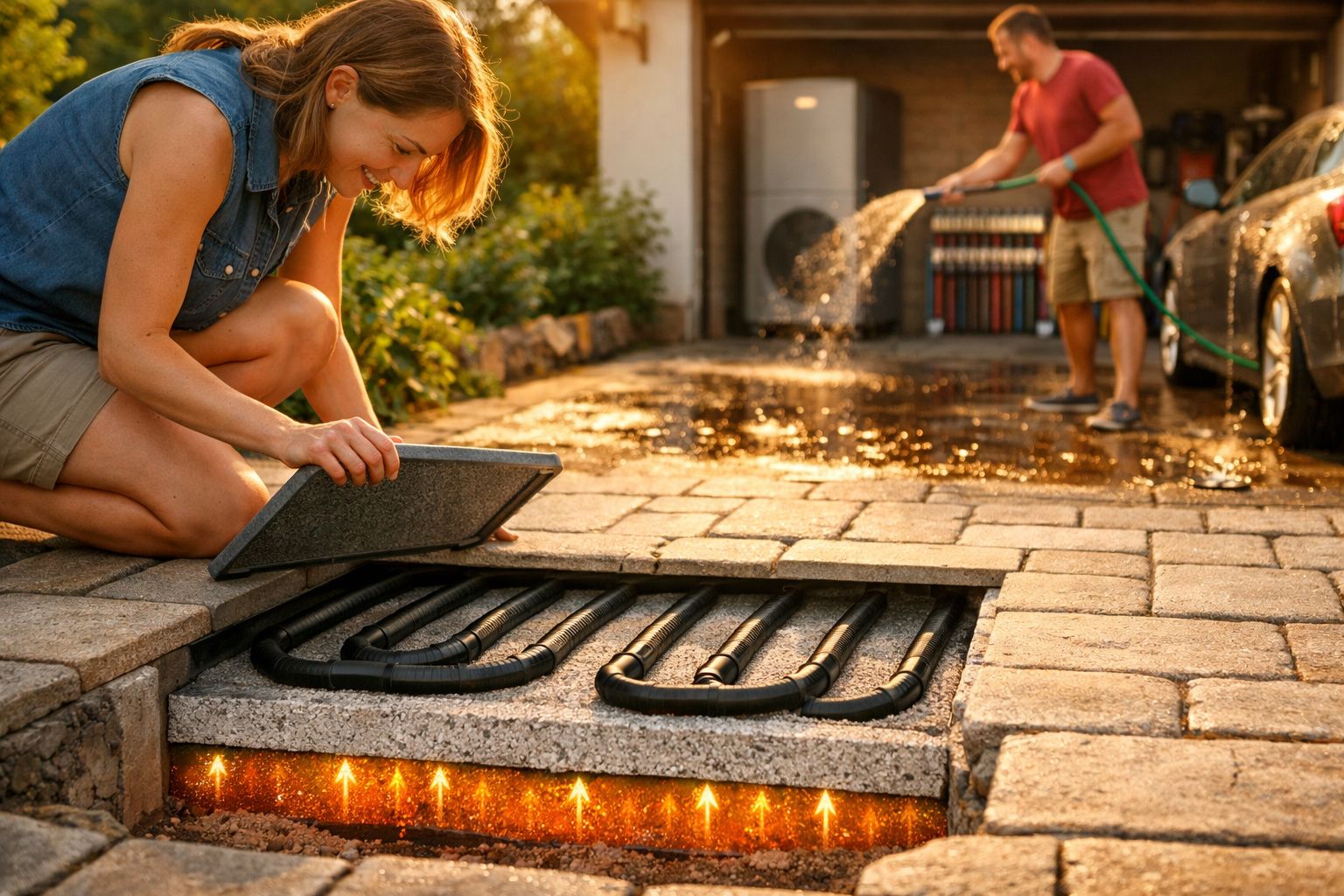 Mulher instala sistemas de aquecimento no chão da garagem enquanto homem lava o carro ao fundo.