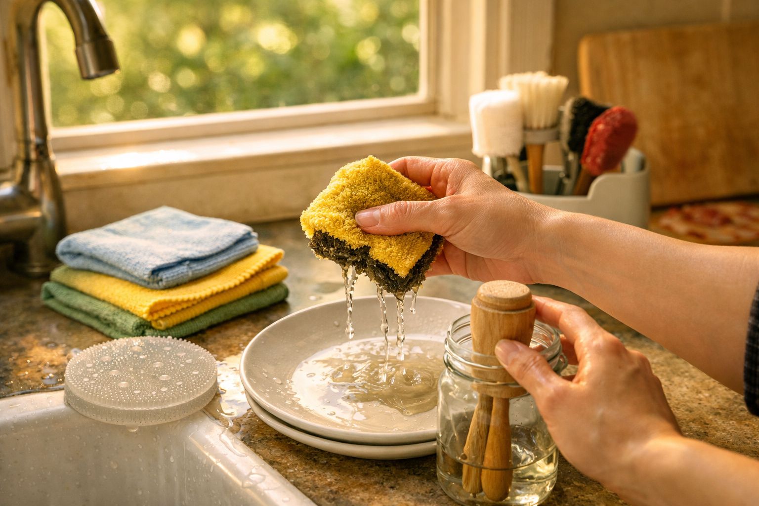 Pessoa lavando louça na pia, segurando esponja amarela sobre prato com água escorrendo, panos coloridos ao lado.