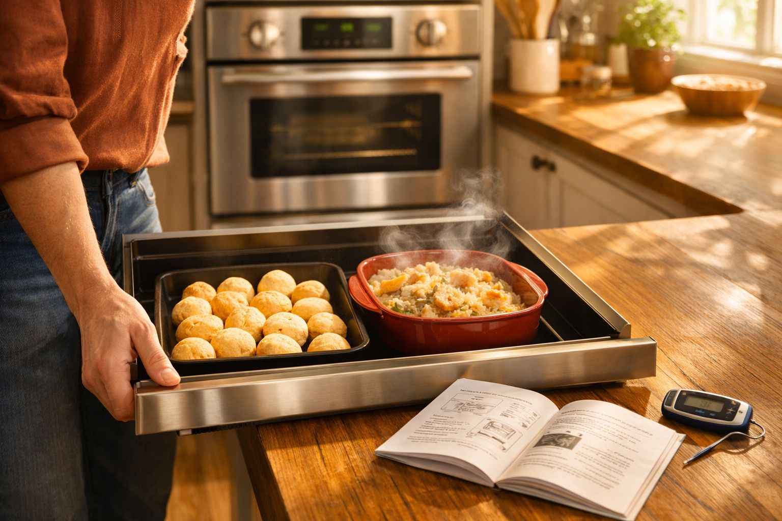 Pessoa segurando gaveta com pães e prato de arroz. Livro de receitas e termômetro na mesa, cozinha ao fundo.