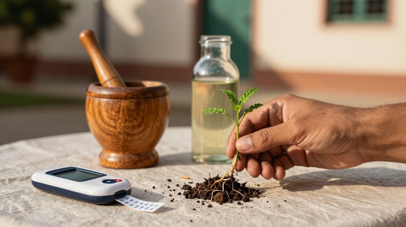 Mão segurando muda de planta sobre mesa, com terra, almofariz, frasco de líquido e dispositivo eletrônico próximo.