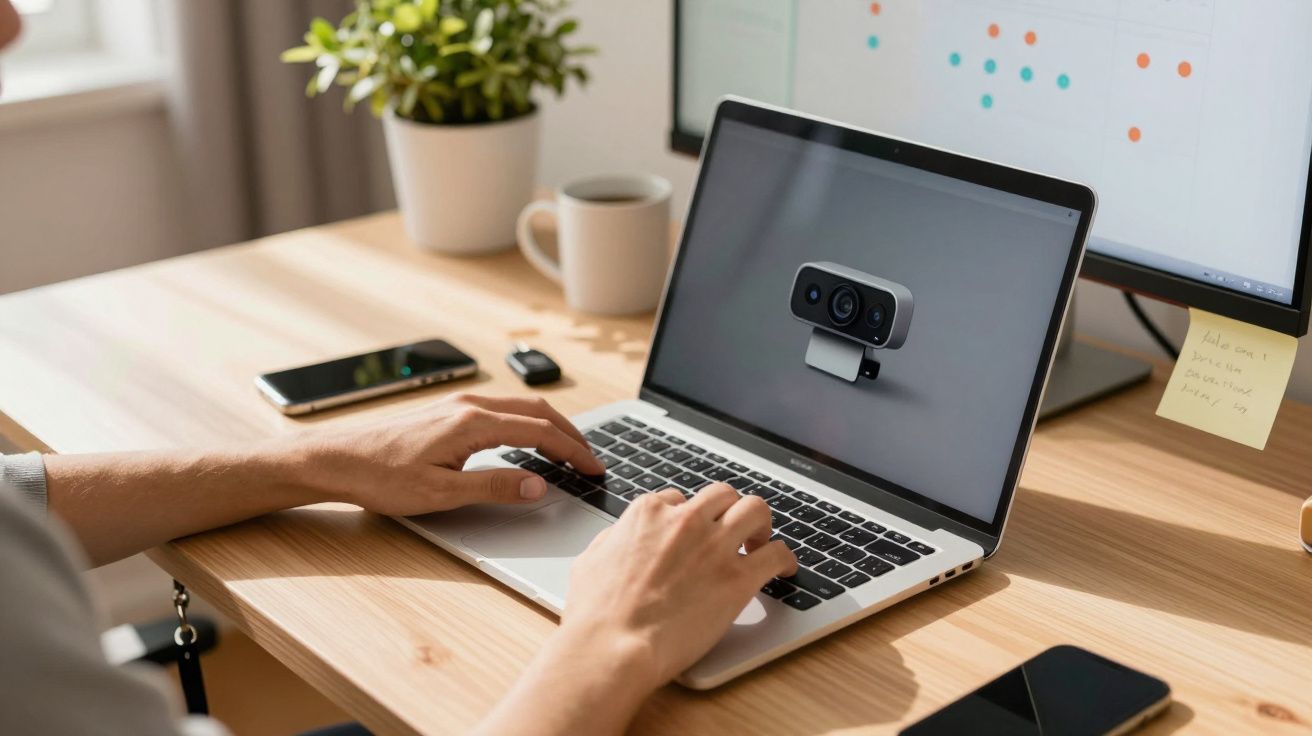 Pessoa trabalhando em um laptop, com uma imagem de câmera na tela, mesa com celular, planta e post-it.