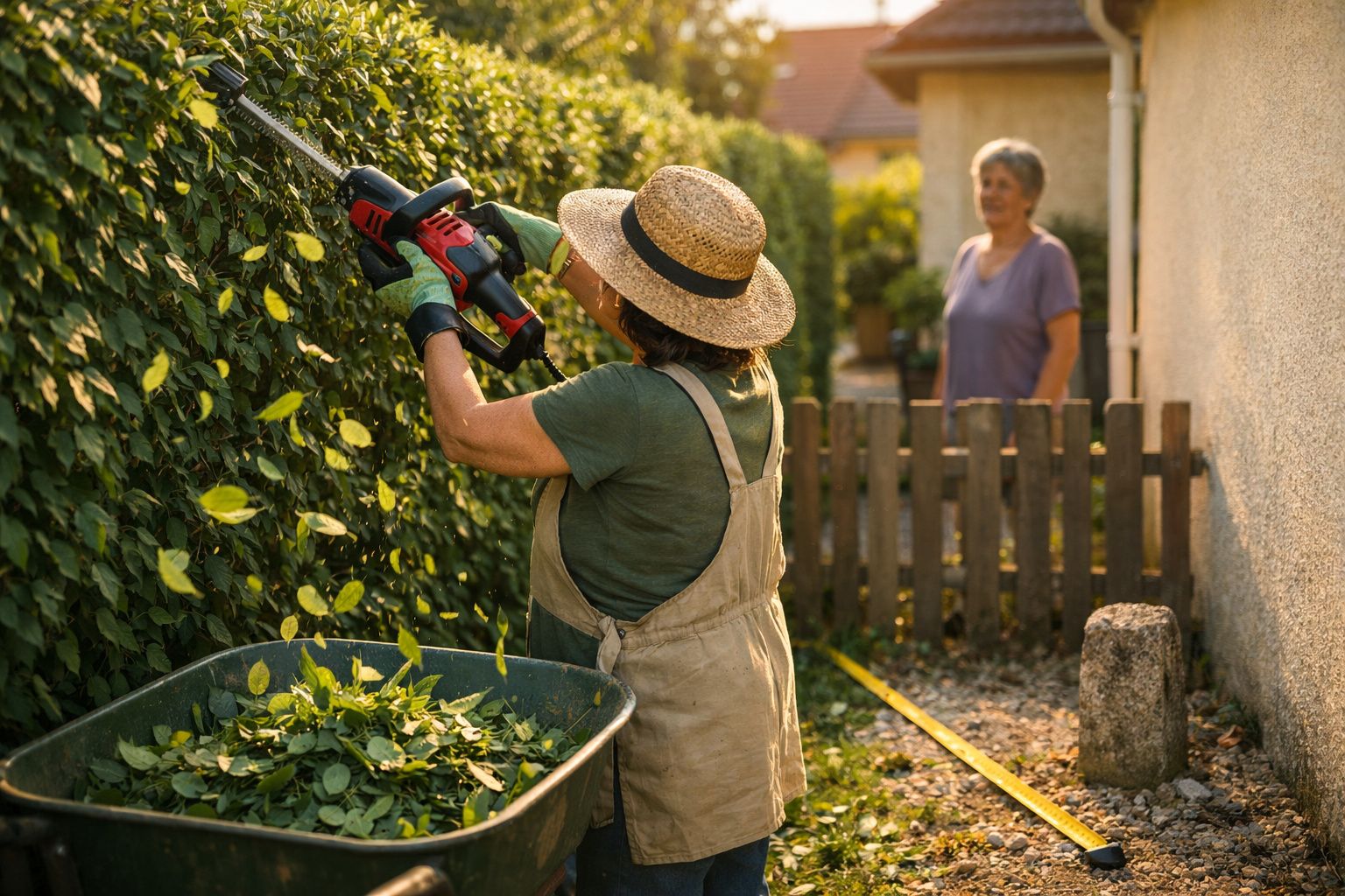 Pessoa com chapéu de palha podando cerca-viva com tesoura elétrica, enquanto outra pessoa observa ao fundo.