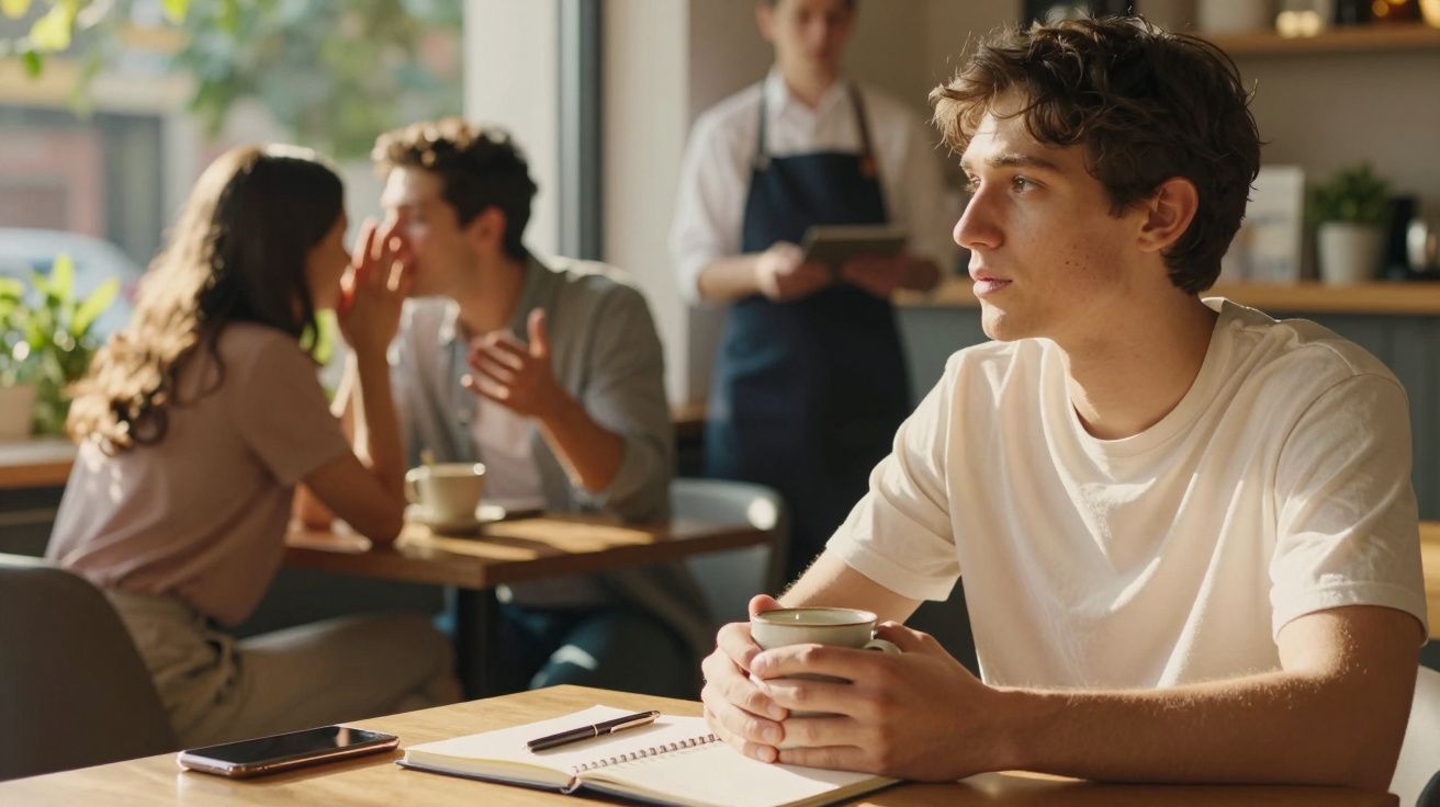 Jovem pensativo segura xícara em café; casal conversa ao fundo; atendente de avental espera.