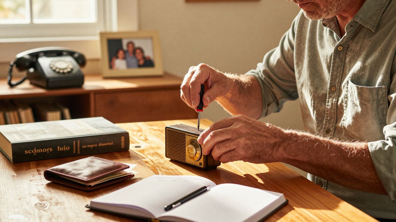 Homem ajustando rádio antigo com chave de fenda em mesa de madeira, ao lado de carteira, caderno e livro.