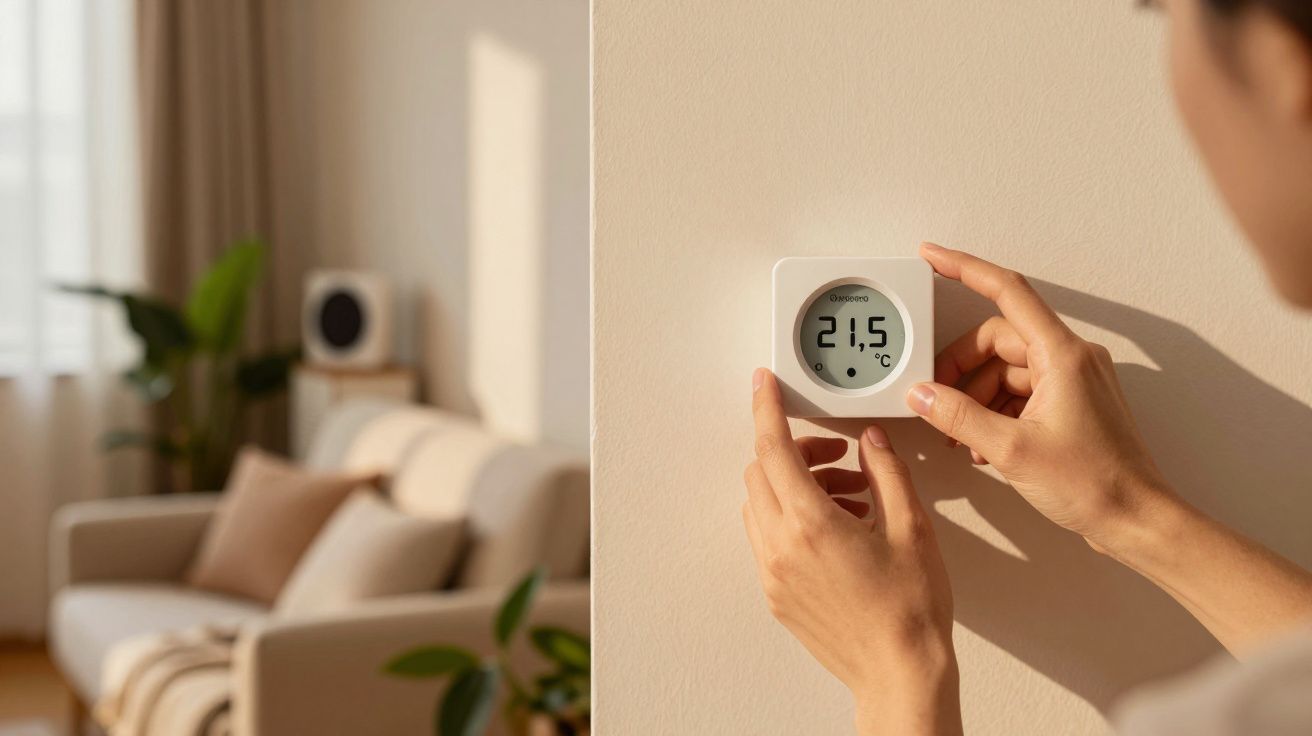 Pessoa ajustando termostato digital na parede de uma sala bem iluminada. Temperatura mostra 21,5°C.