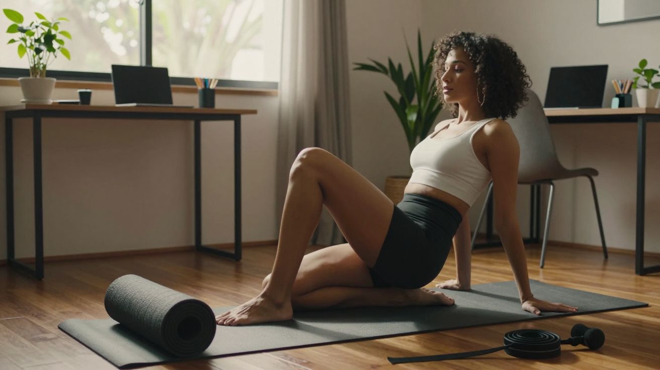 Mulher com roupa esportiva sentada em um tapete de ioga em uma sala iluminada, ao lado de uma mesa com plantas e janelas.