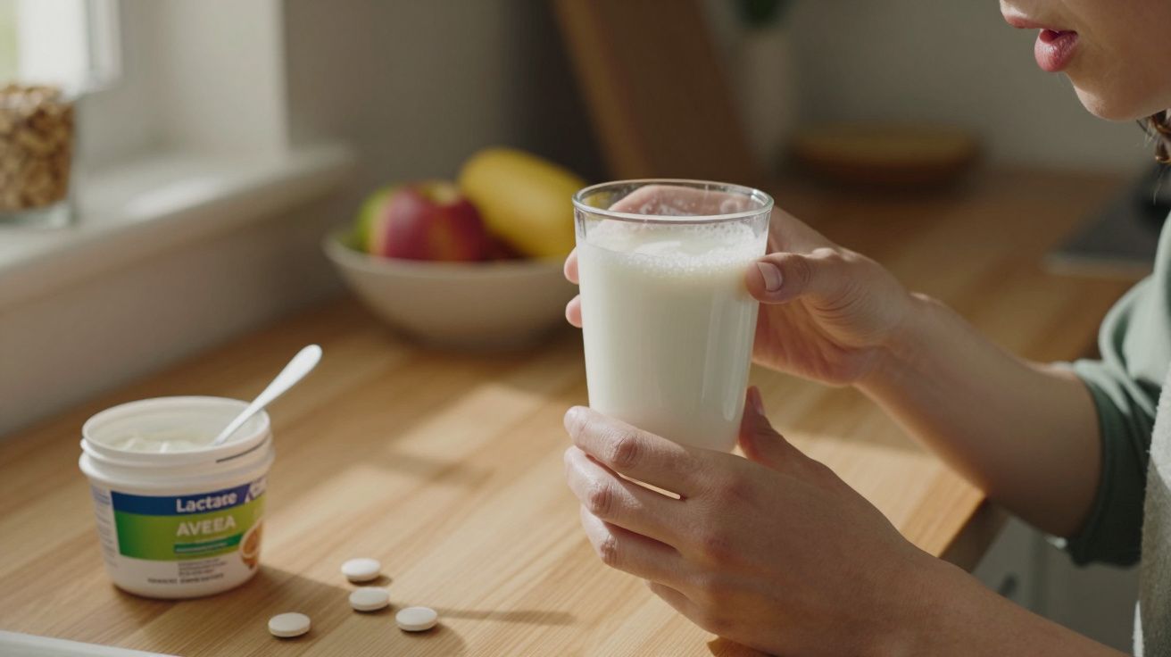 Pessoa segura copo de leite em cozinha, com embalagem de suplemento Lactase e comprimidos sobre a mesa.