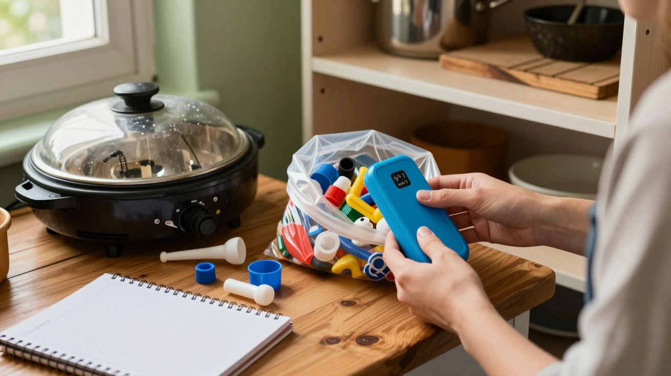 Mãos segurando utensílio azul perto de saco com peças plásticas sobre mesa de madeira, panela elétrica ao lado.