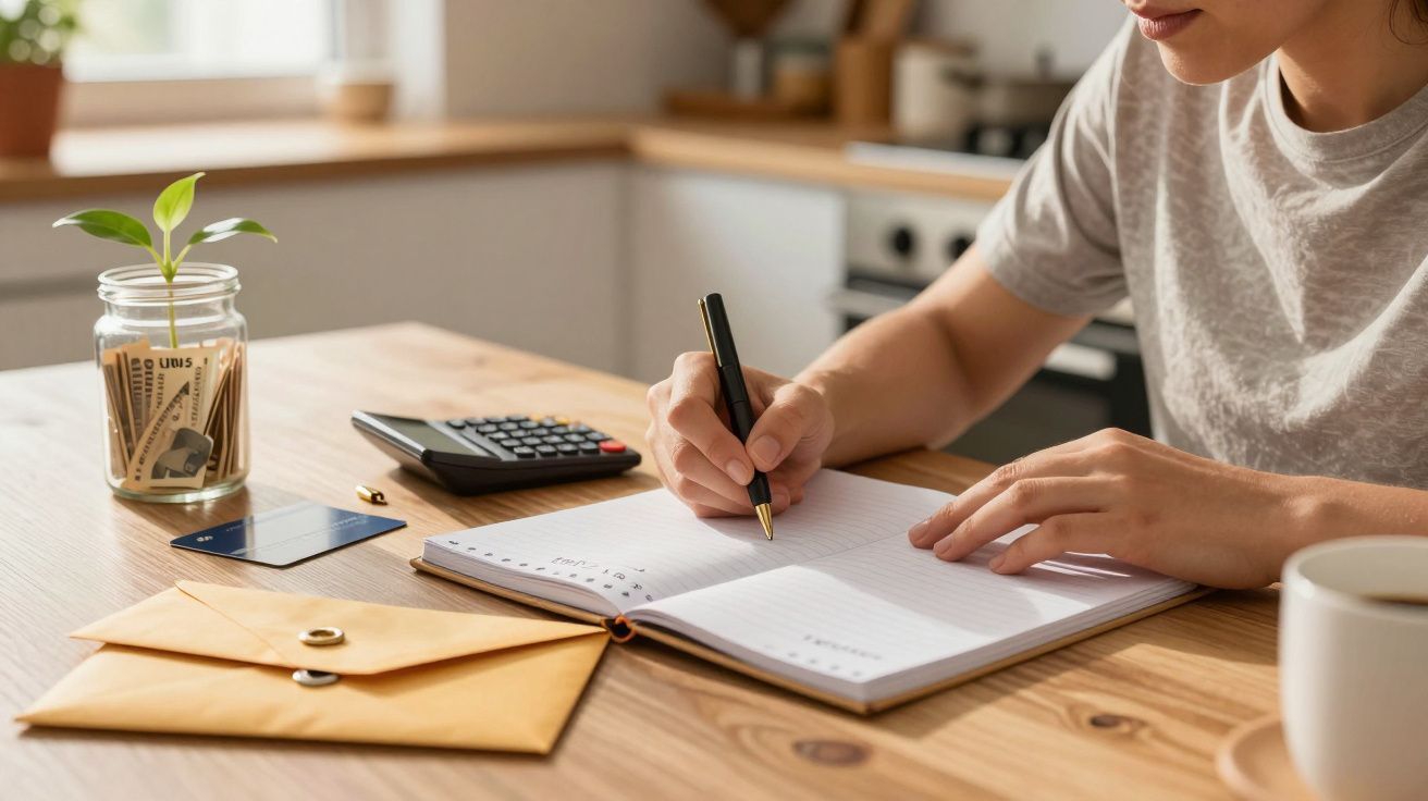 Pessoa escreve em caderno sobre mesa com envelope, calculadora, cartão e vaso com planta em pote de vidro.