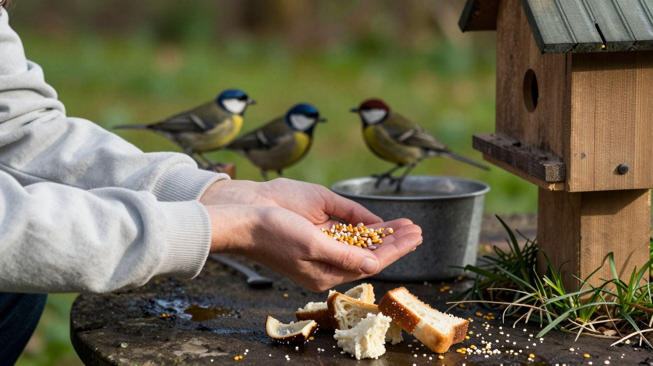 Pessoa alimentando pássaros com sementes em um jardim, próximo a um comedouro de madeira.