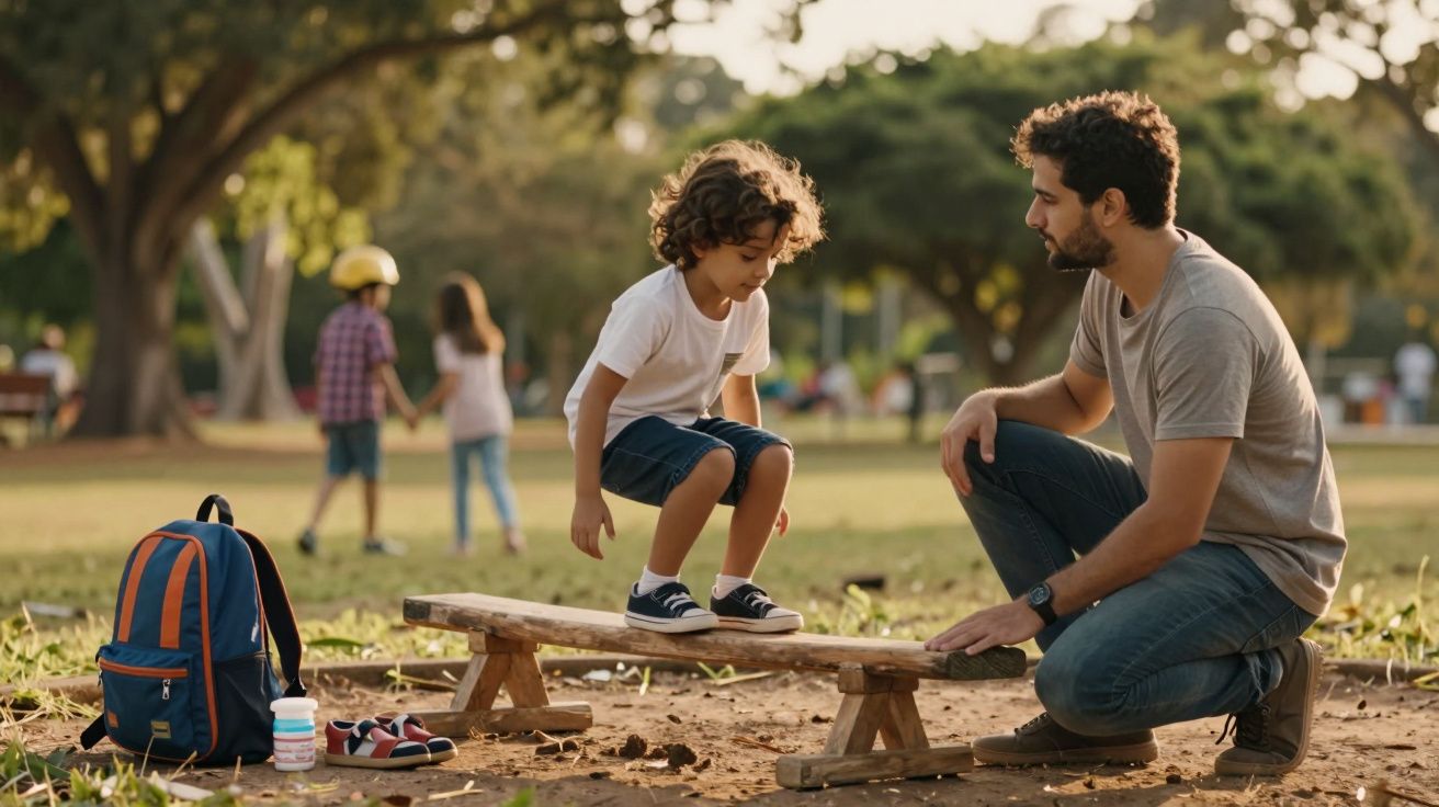 Homem agachado ajuda criança em balanço de madeira no parque. Mochila e garrafa ao lado. Crianças ao fundo.