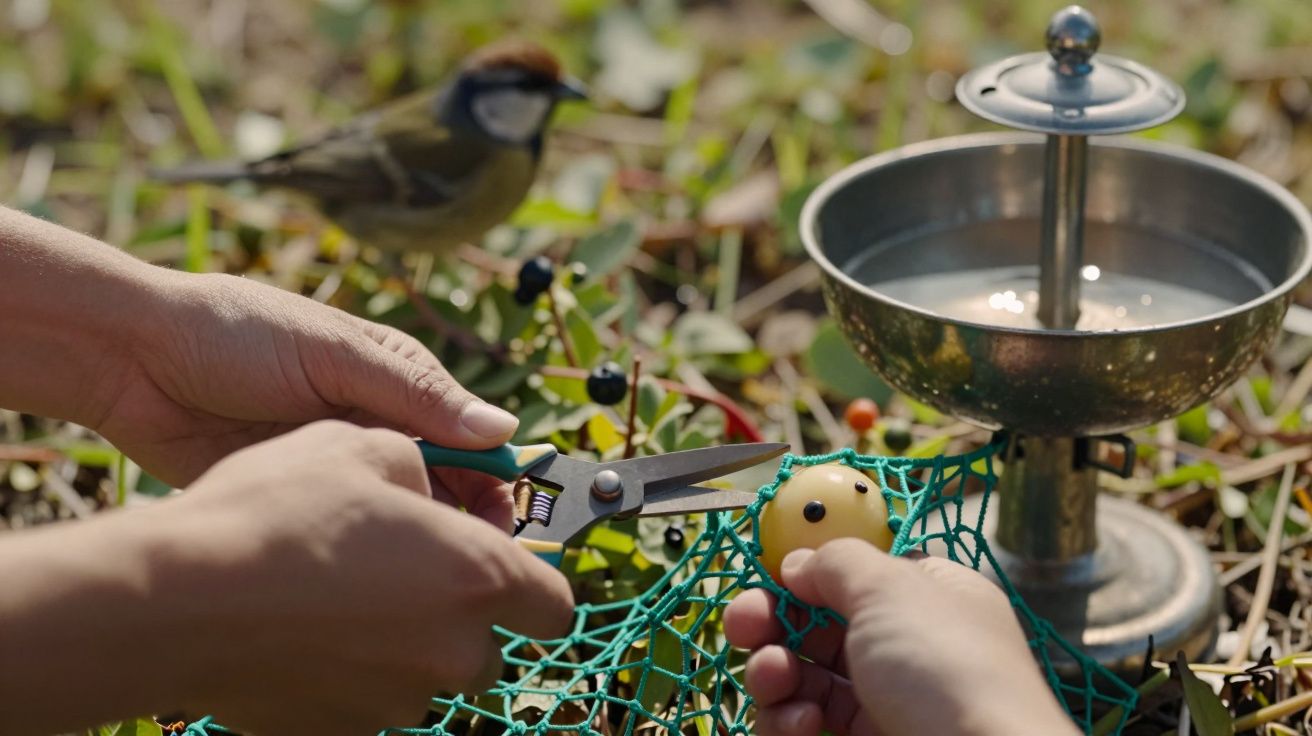 Mãos cortam rede ao lado de bebedouro, com pássaro e frutas ao fundo em um jardim.