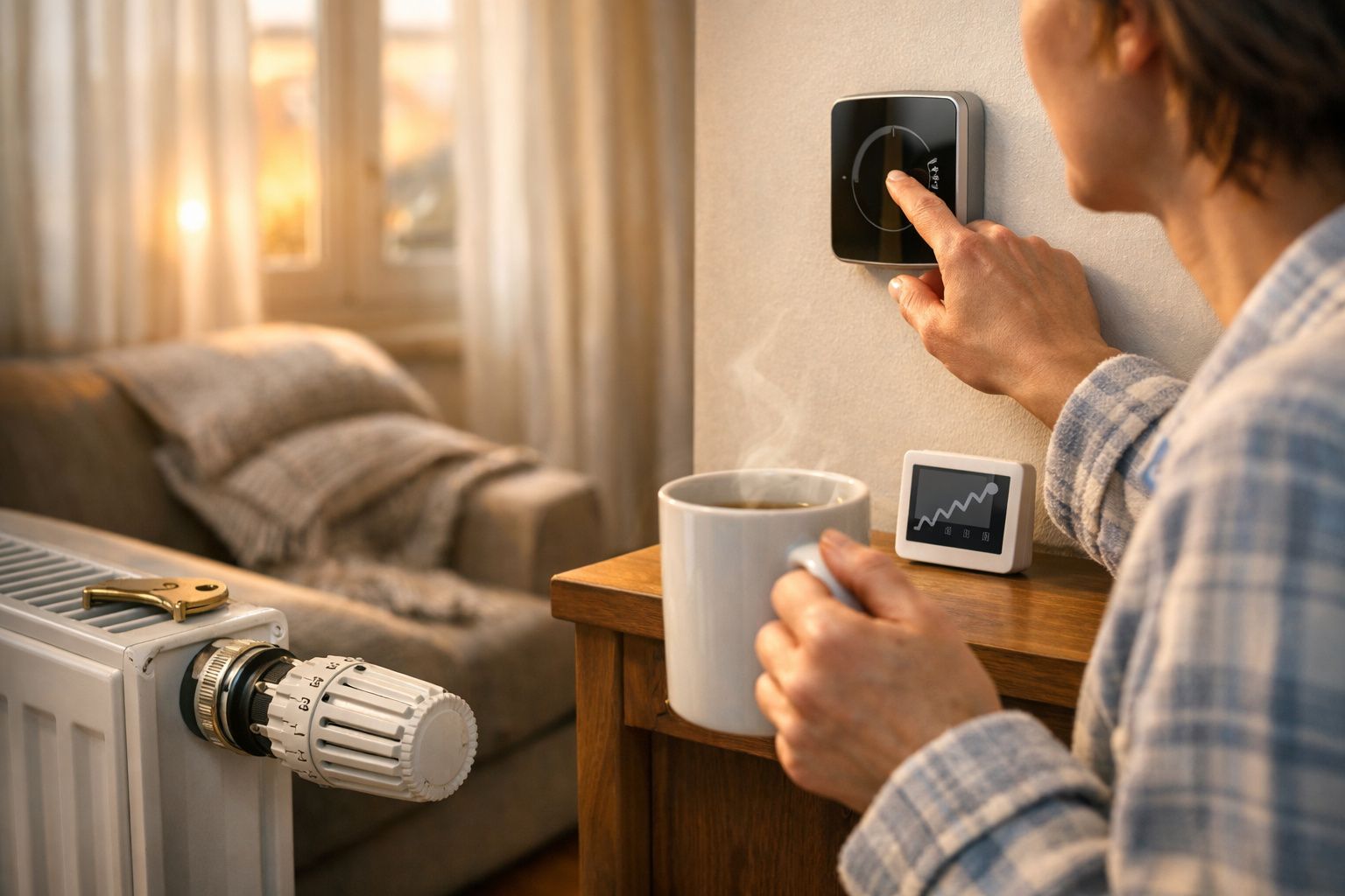 Pessoa ajusta termostato digital em sala com aquecedor, segurando caneca com bebida quente, sofá ao fundo.