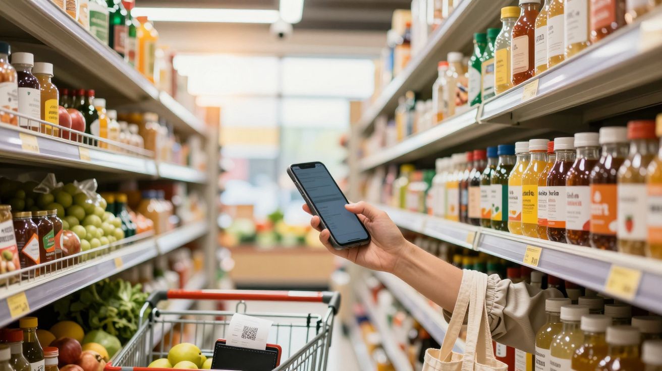 Pessoa segura celular e carrinho de compras em corredor de supermercado, com prateleiras de sucos e vegetais.