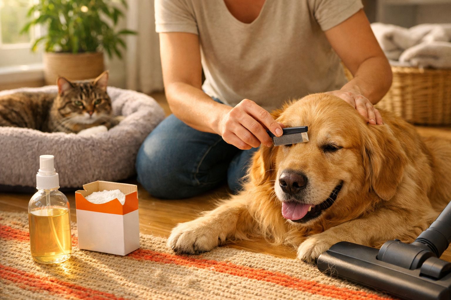 Pessoa escovando cachorro dourado deitado, gato descansa em cama pet ao lado. Produtos de higiene em foco.
