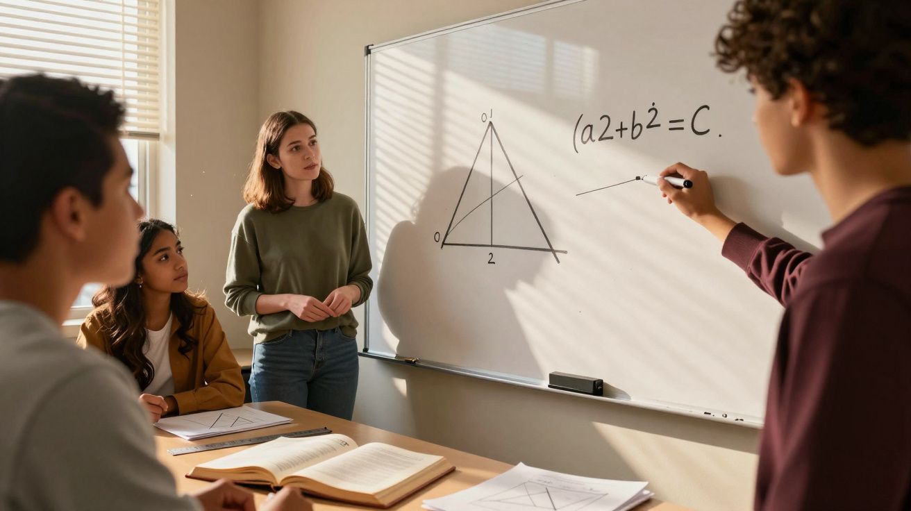 Estudantes em sala de aula discutindo equações matemáticas em um quadro branco.