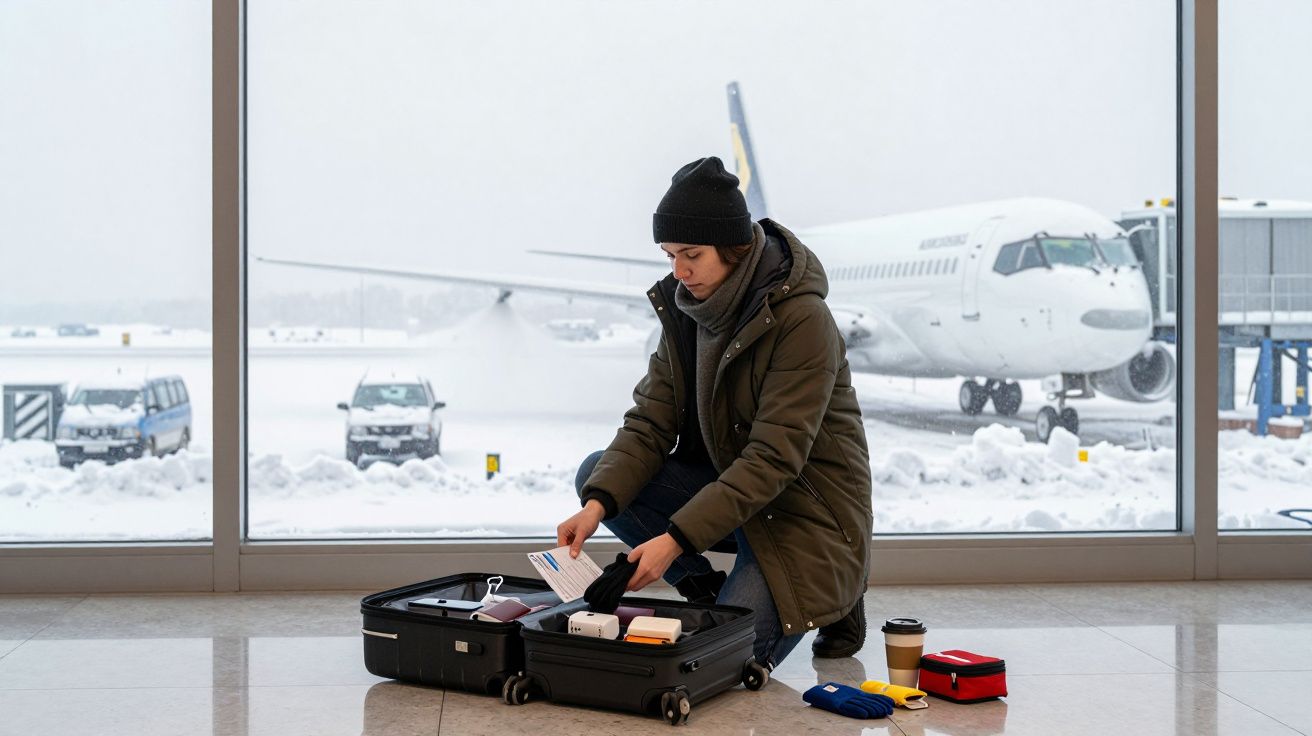 Pessoa reorganiza mala em aeroporto com neve ao fundo, avião estacionado próximo.