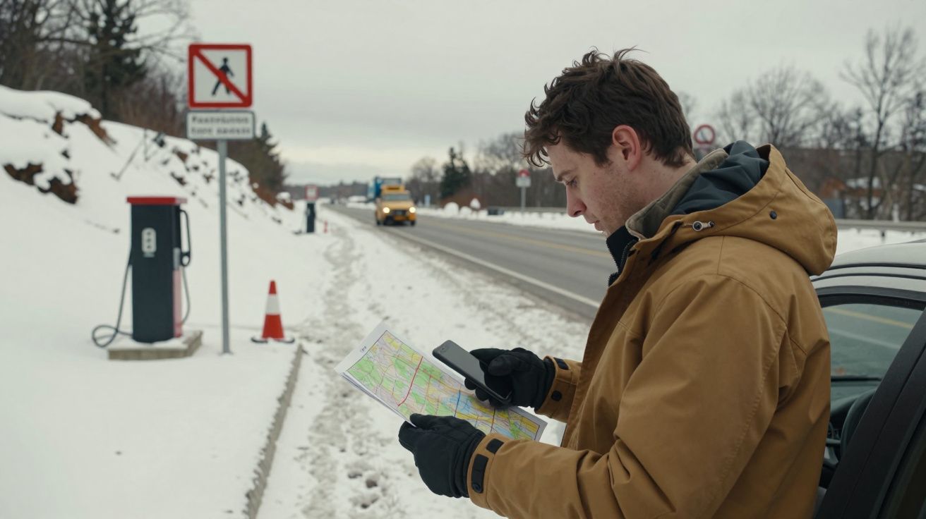 Homem em área nevada com mapa e celular, ao lado de carro na estrada. Placa de trânsito e pista ao fundo.