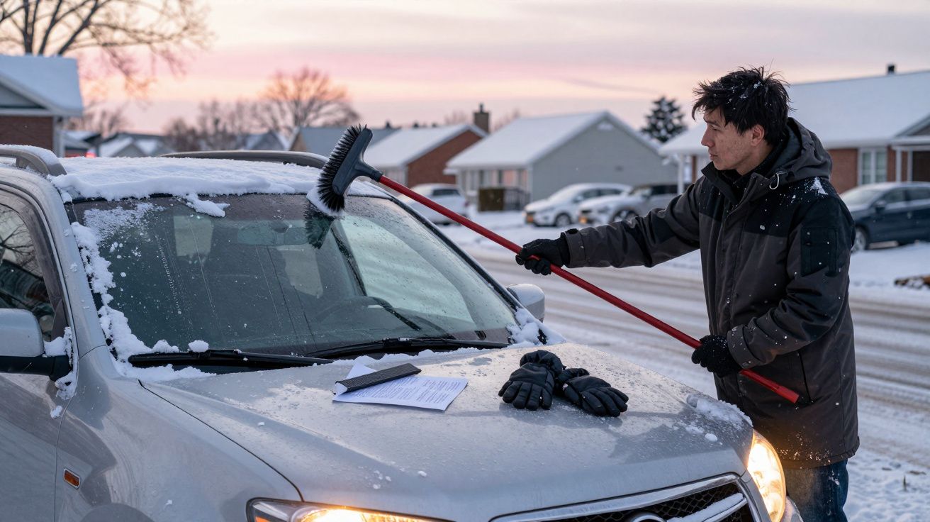 Homem limpa neve do para-brisa de um carro prata em meio a uma vizinhança coberta de neve ao entardecer.