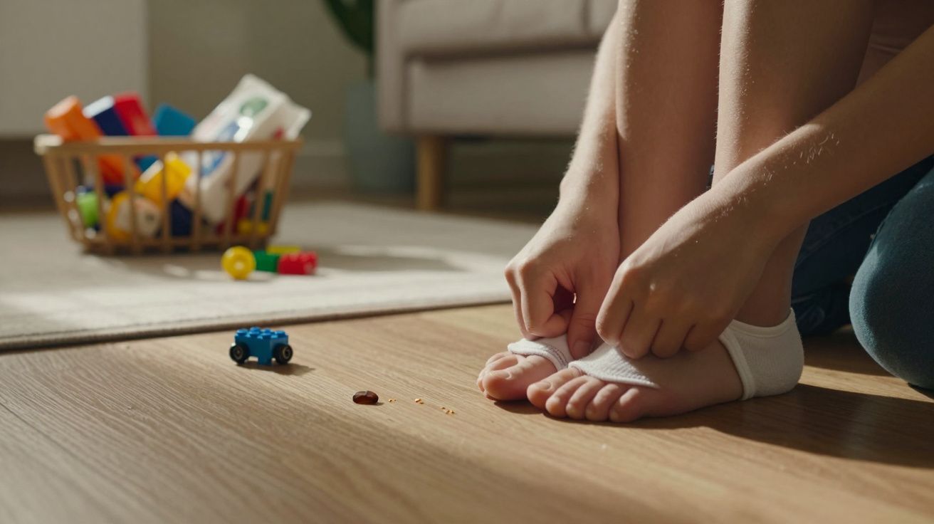Criança sentada no chão vestindo meias, com brinquedos espalhados ao redor em uma sala de estar iluminada.