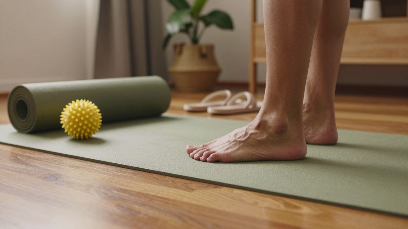 Pessoa de pé em um tapete de ioga verde, ao lado de um rolo de espuma e uma bola amarela.