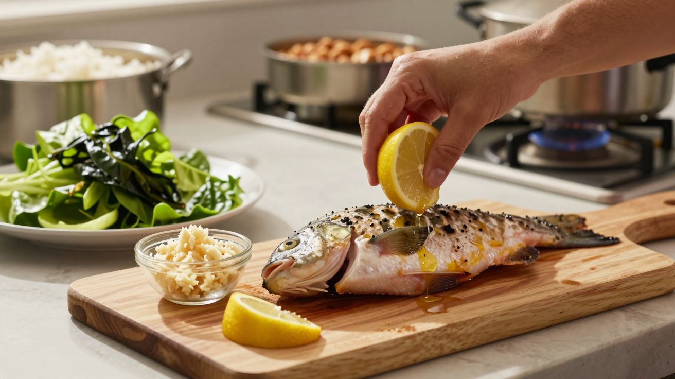 Mão espremendo limão sobre peixe cru com pimenta em tábua de corte, arroz e vegetais ao fundo na cozinha.