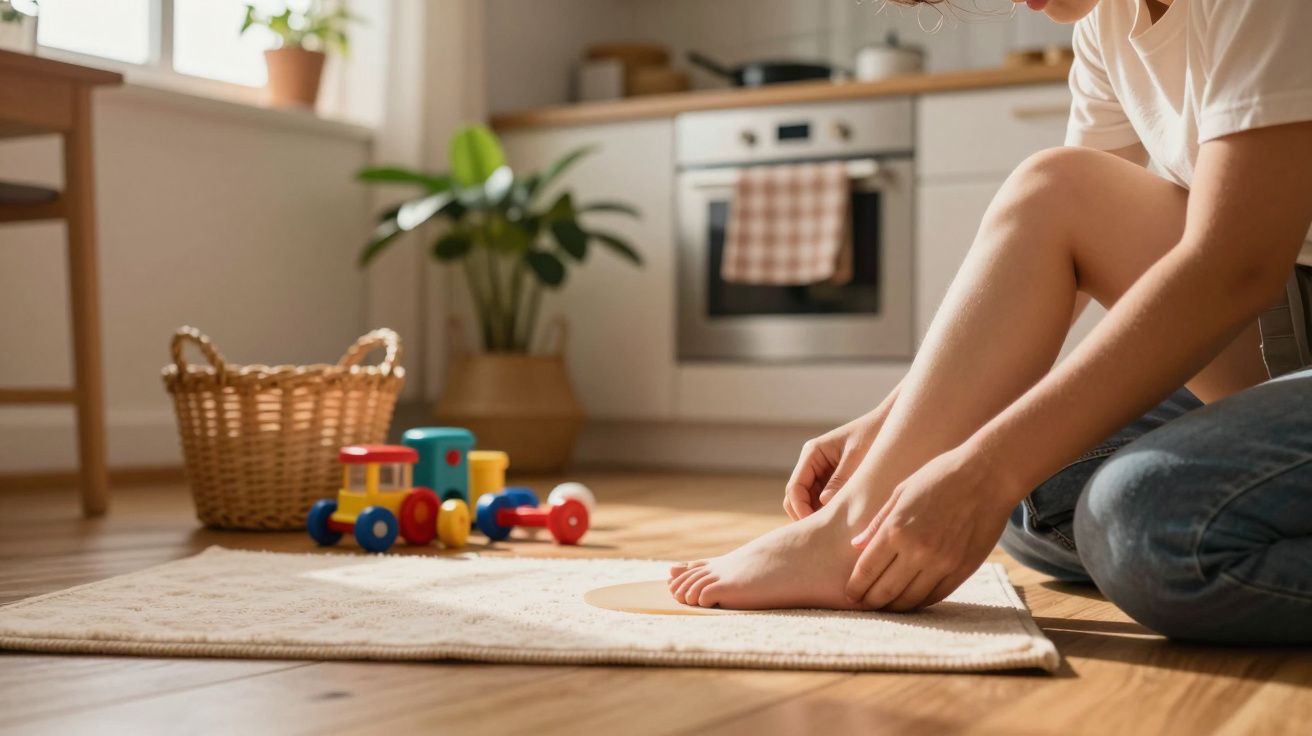 Pessoa sentada no chão de uma cozinha aconchegante com brinquedos ao lado, ajustando uma bandagem no pé.