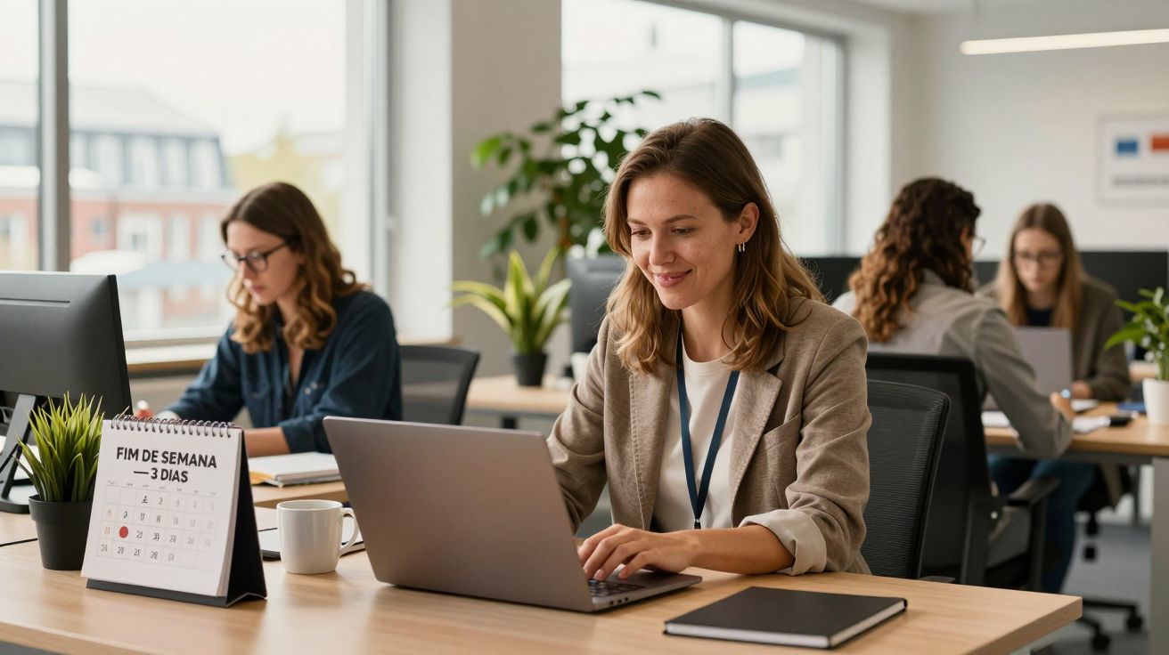 Mulher sorridente trabalha em escritório moderno com laptop, agenda de fim de semana e plantas ao fundo.