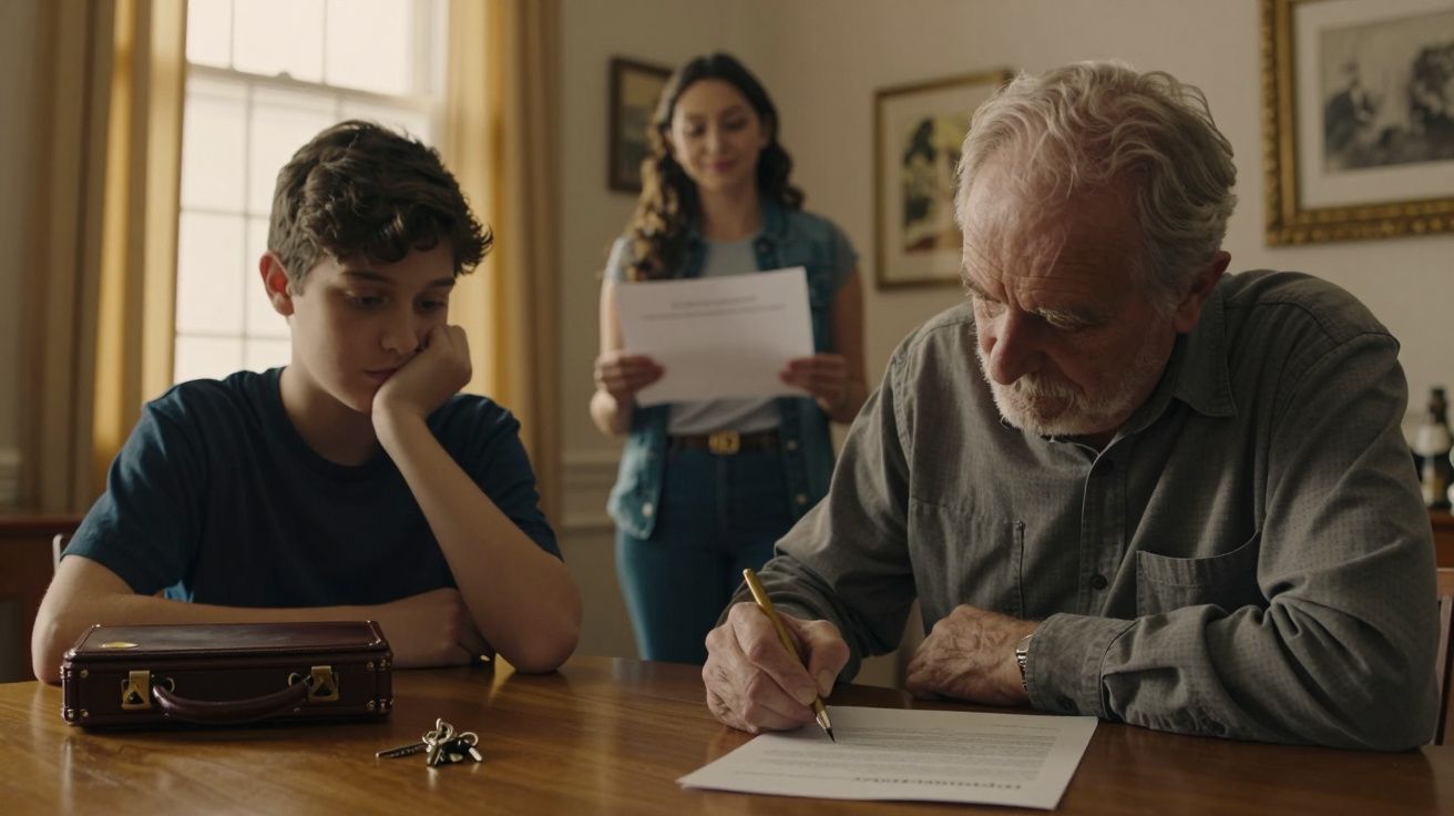 Idoso assinando papéis em mesa de madeira, com menino entediado ao lado e mulher ao fundo segurando documento.