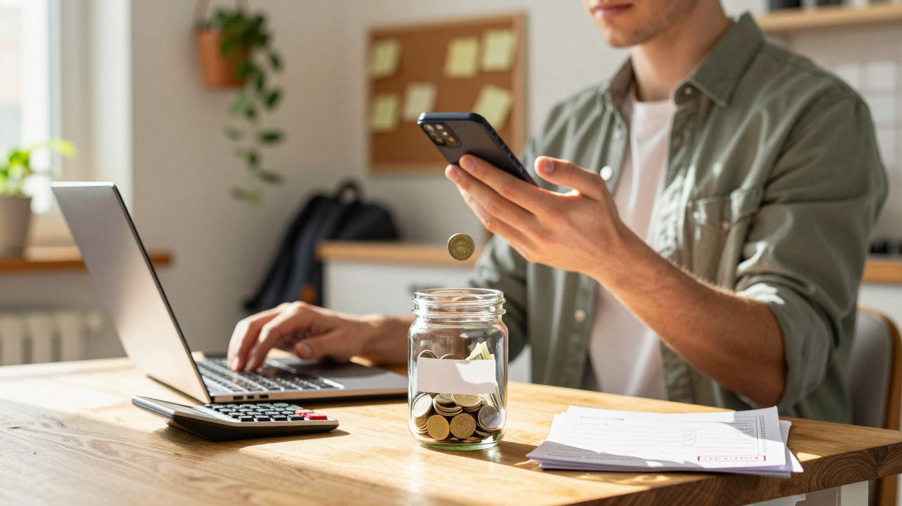 Homem verificando celular com jarro de moedas, laptop e calculadora sobre mesa de madeira.