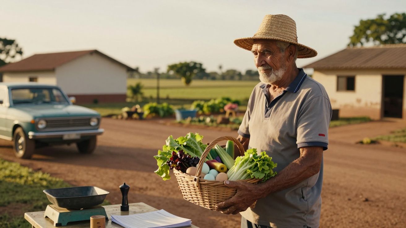 Senhor de chapéu segura cesta de legumes e frutas em frente a casas no campo, com carro antigo ao fundo.
