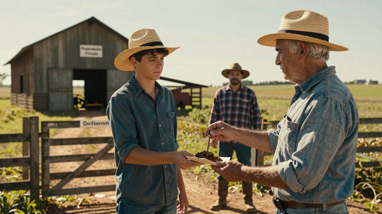 Jovem e idoso em fazenda, ambos de chapéu, analisam planta em um prato. Celeiro ao fundo.