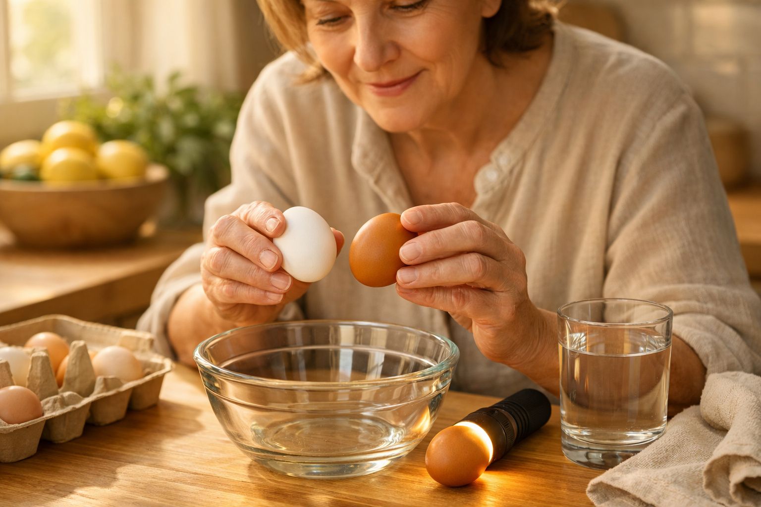 Mulher segurando ovos sobre uma tigela de vidro, com ovos na bandeja e copo de água na mesa iluminada pelo sol.