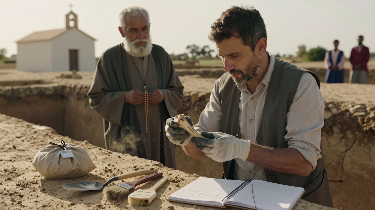 Arqueólogo escava e examina um osso em sítio escavado, junto a um homem idoso, com uma capela ao fundo.