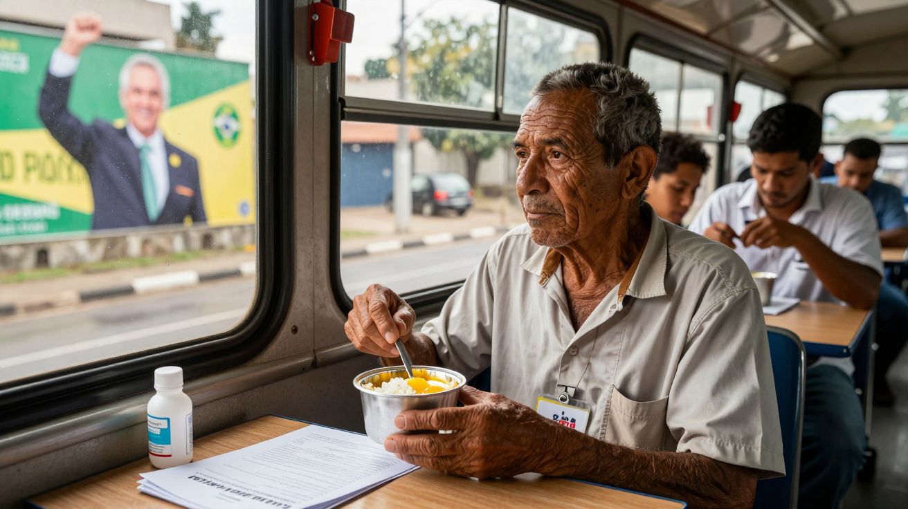Homem idoso comendo em um ônibus adaptado para refeições, com propaganda política visível pela janela.