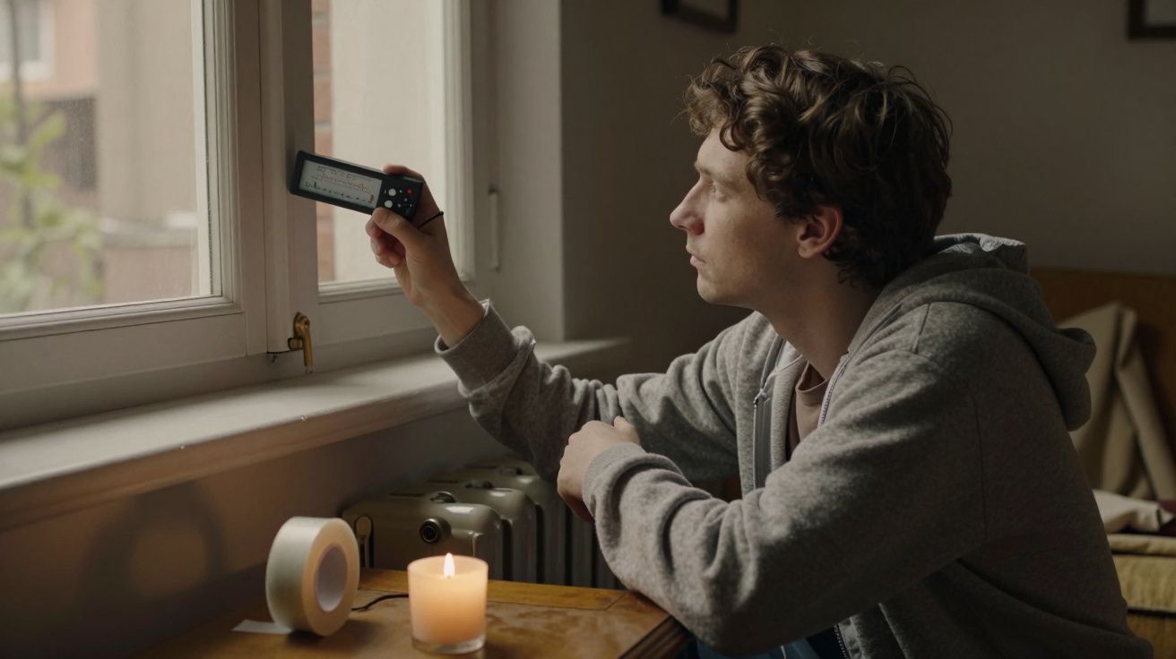 Homem olha para detector de EMF na janela, com foco no dispositivo. Vela acesa e fita adesiva sobre a mesa.