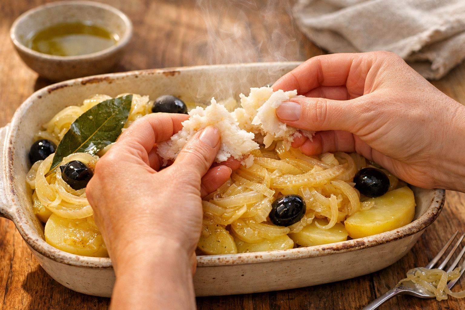 Assadeira com bacalhau, cebola dourada e batatas, sendo servido com garfo; azeite e cebolas ao fundo.