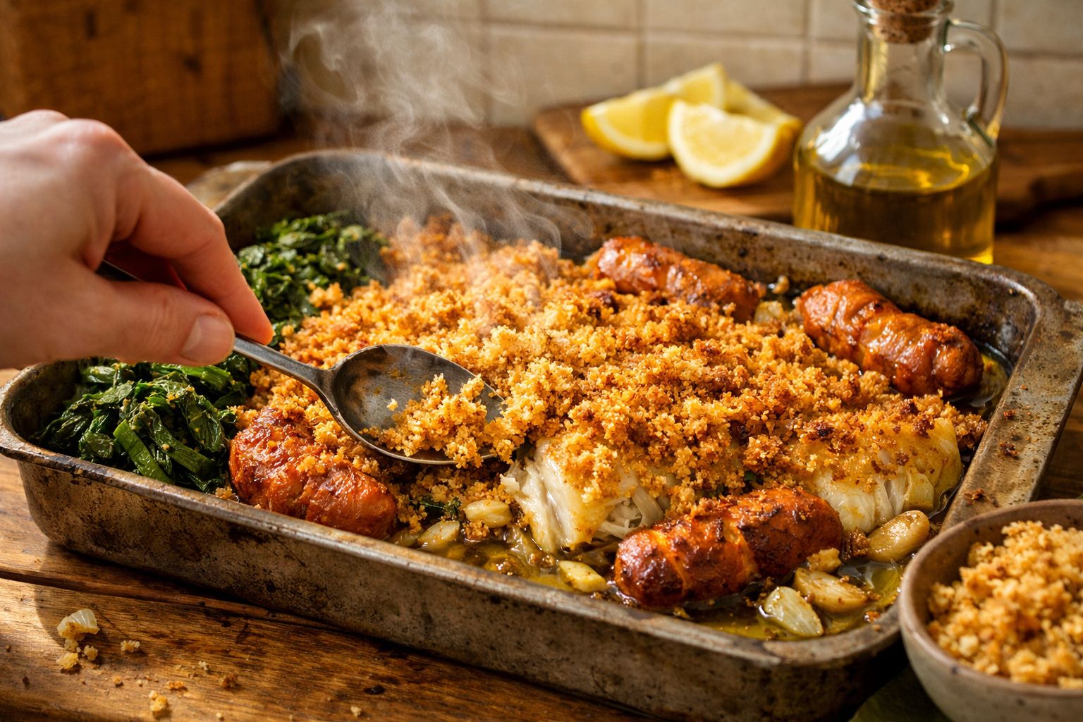 Bacalhau com crosta dourada em travessa, cercado por espinafre, limão e garrafa de azeite sobre mesa de madeira.