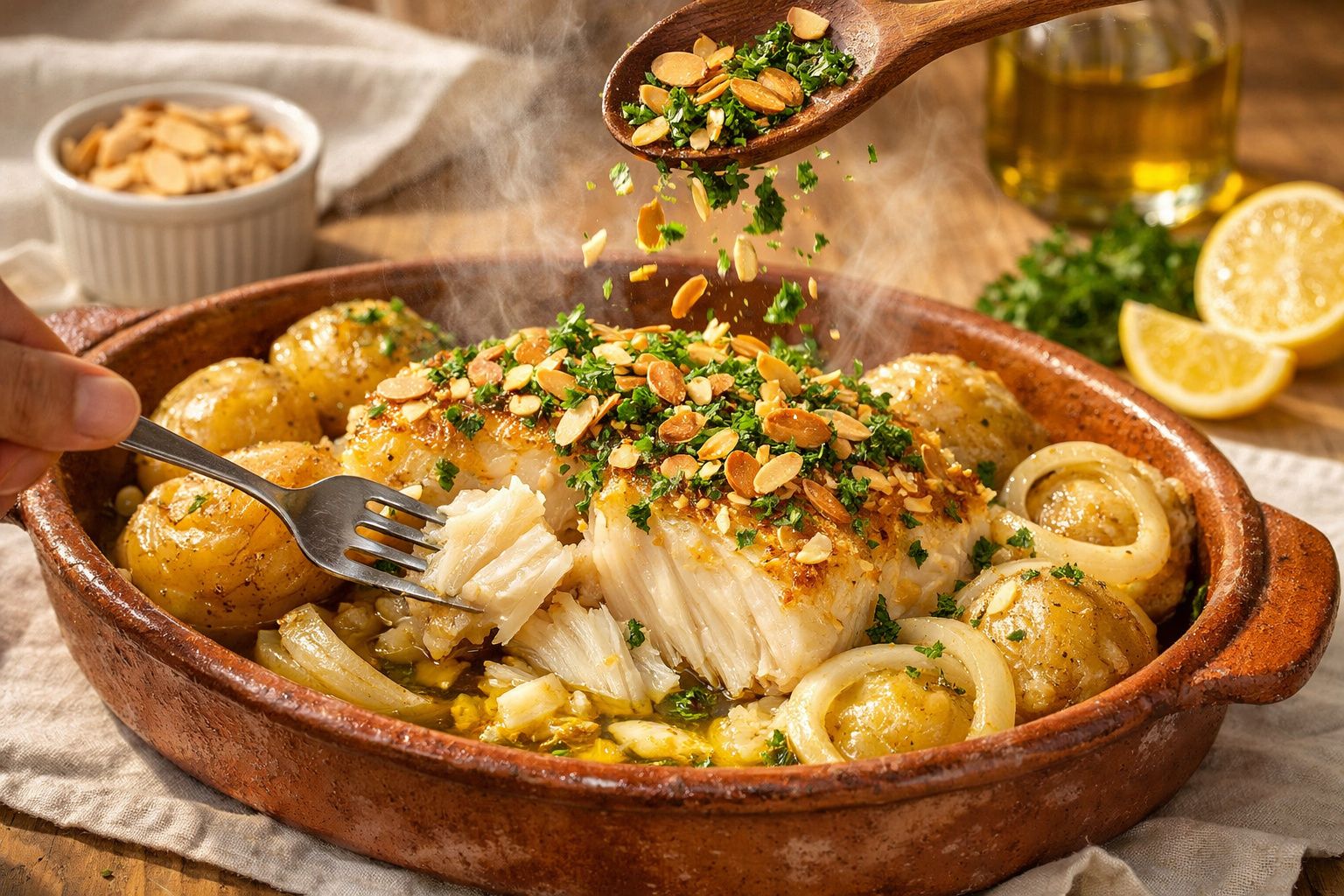 Bacalhau com batatas, cebolas e amêndoas em travessa de barro, decorado com salsa, ao lado de limão e azeite.